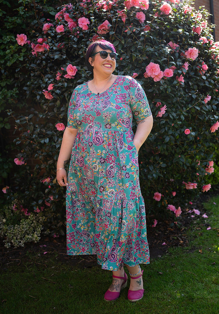 Sixth angle of Milani Damask Paisley Print Tiered Hem Midaxi Dress