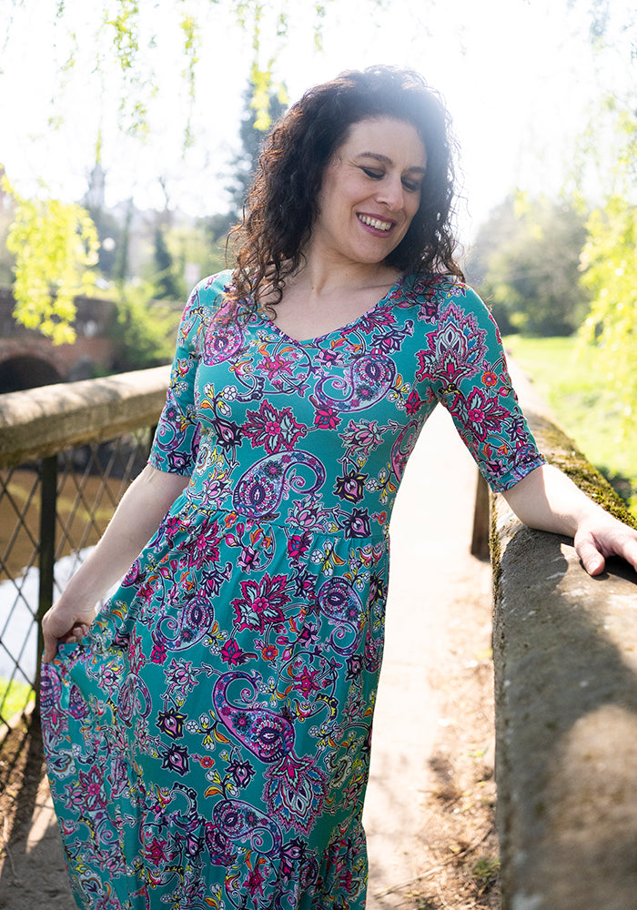 Eighth angle of Milani Damask Paisley Print Tiered Hem Midaxi Dress