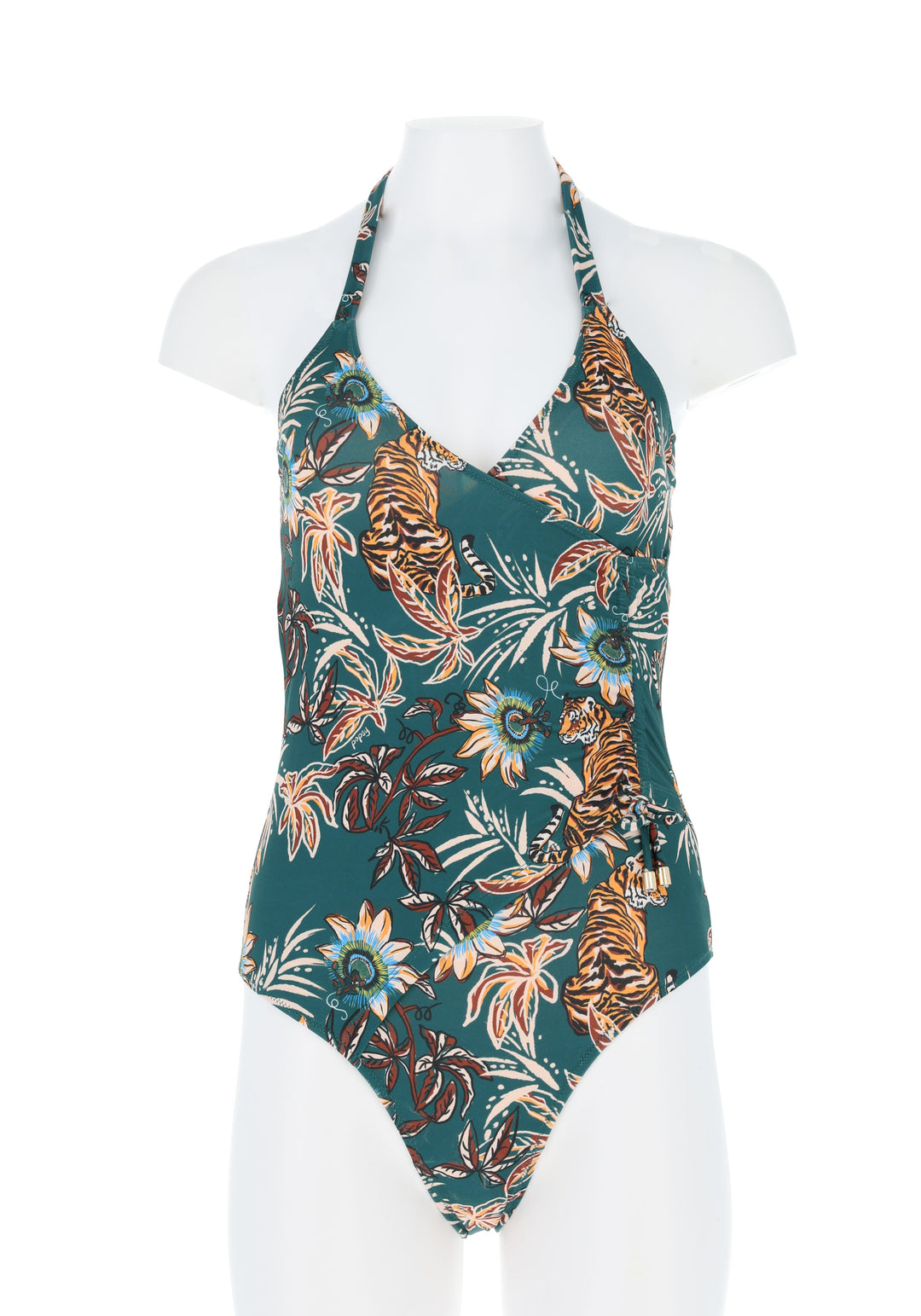 Tenth angle of Tiger Jungle Print (Teal) Halter Neck Swimsuit