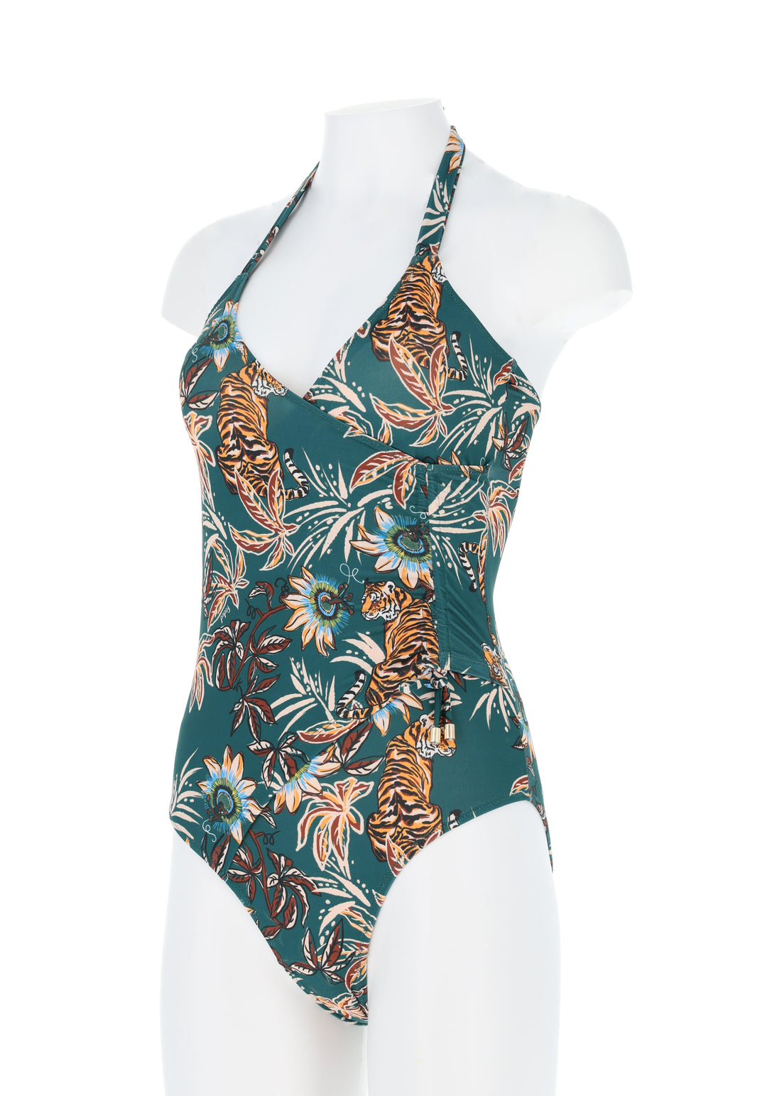 Fifth angle of Tiger Jungle Print (Teal) Halter Neck Swimsuit