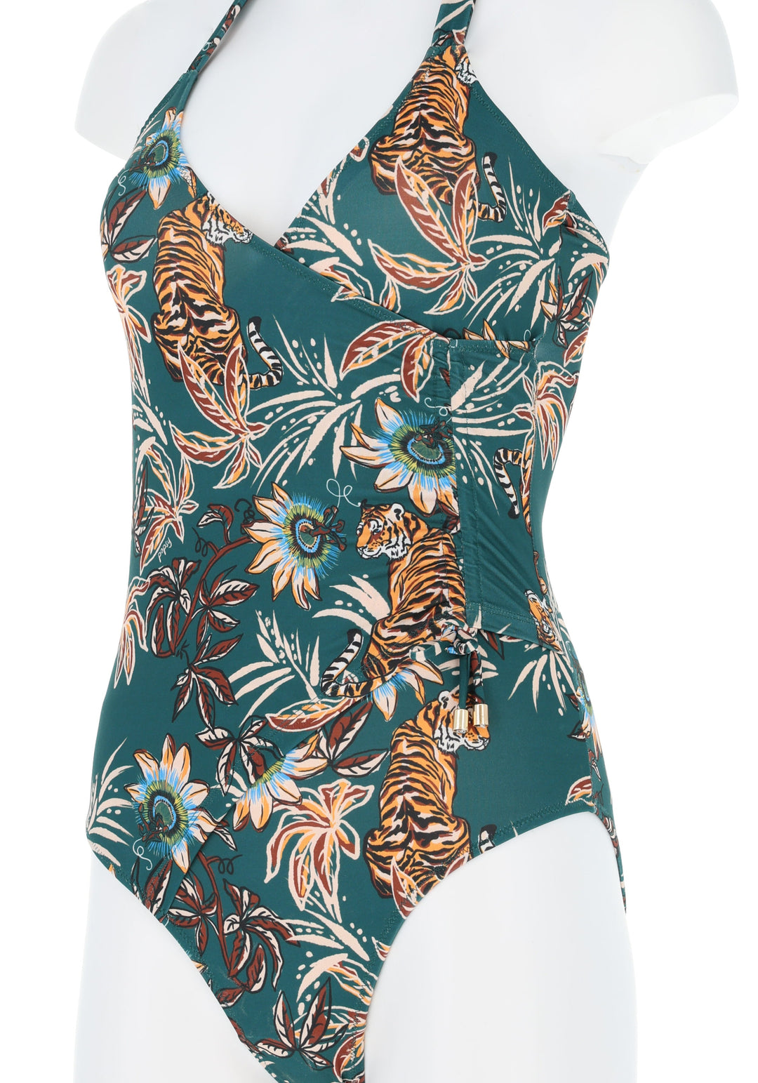 Sixth angle of Tiger Jungle Print (Teal) Halter Neck Swimsuit