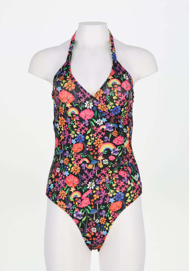 Third angle of Garden Rainbow Floral Halter Neck Swimsuit