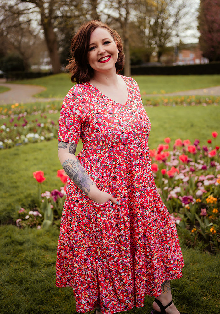 Bianca Red Ditsy Print Tiered Hem Midi Dress