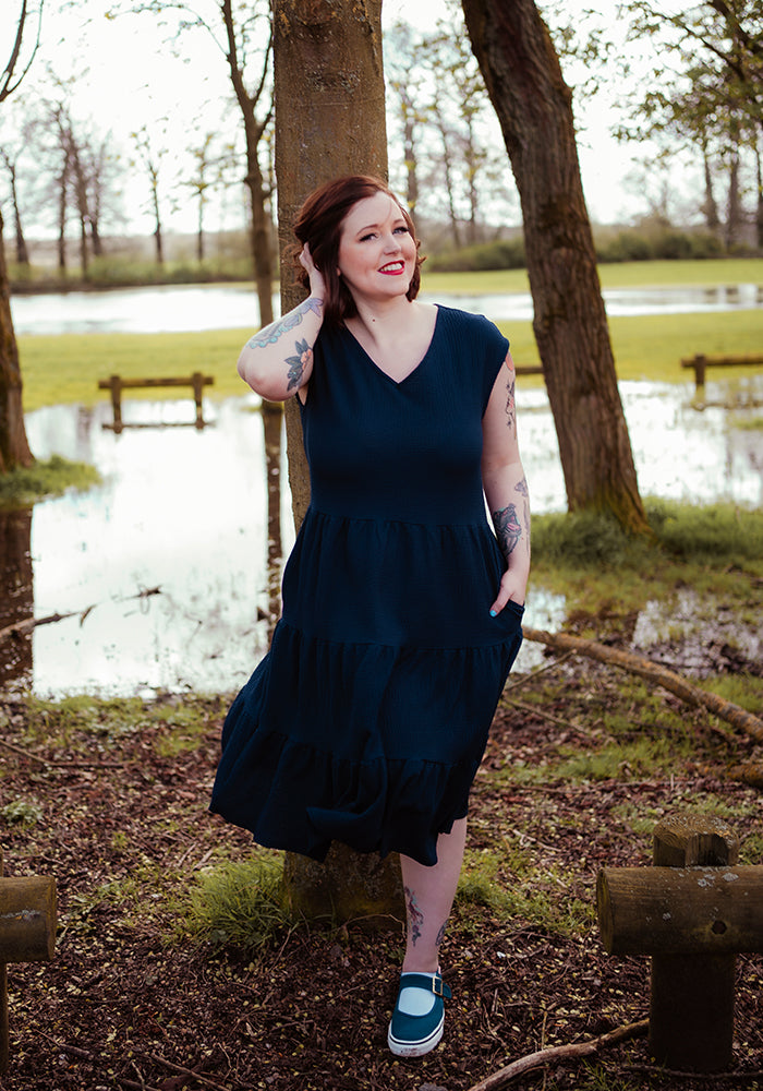 Yvonne Navy Tiered Hem Dress