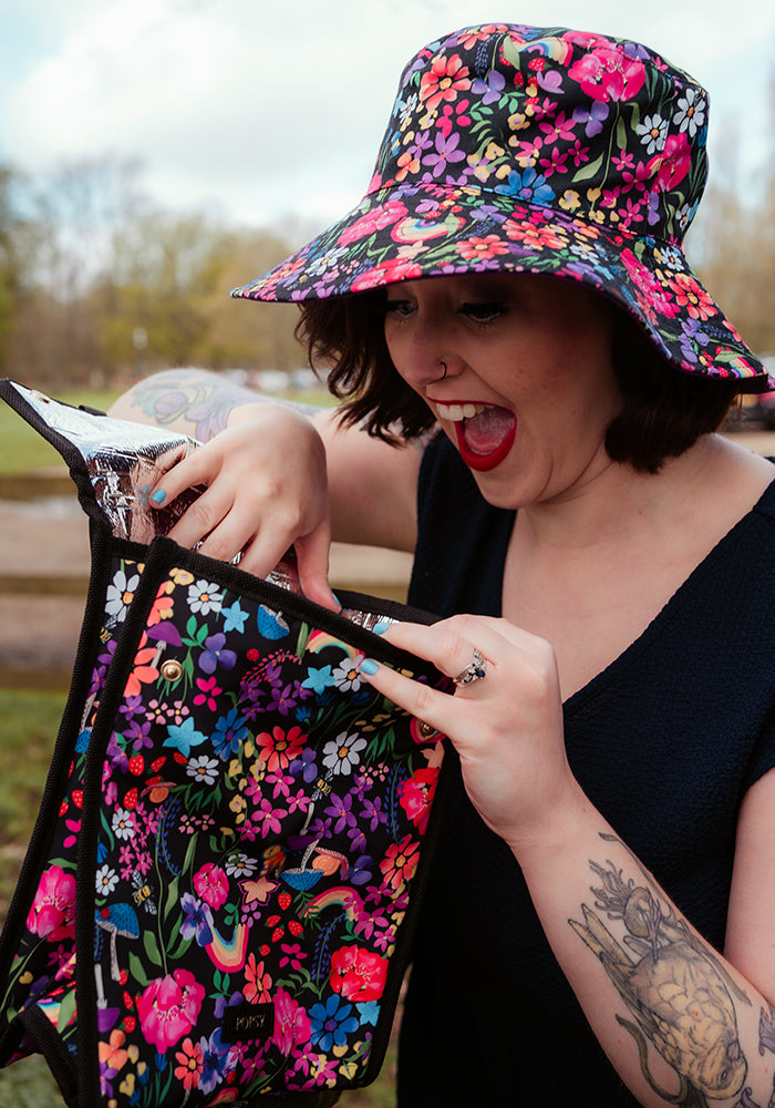 Front view of Rainbow Floral Print Popsy Lunch Bag