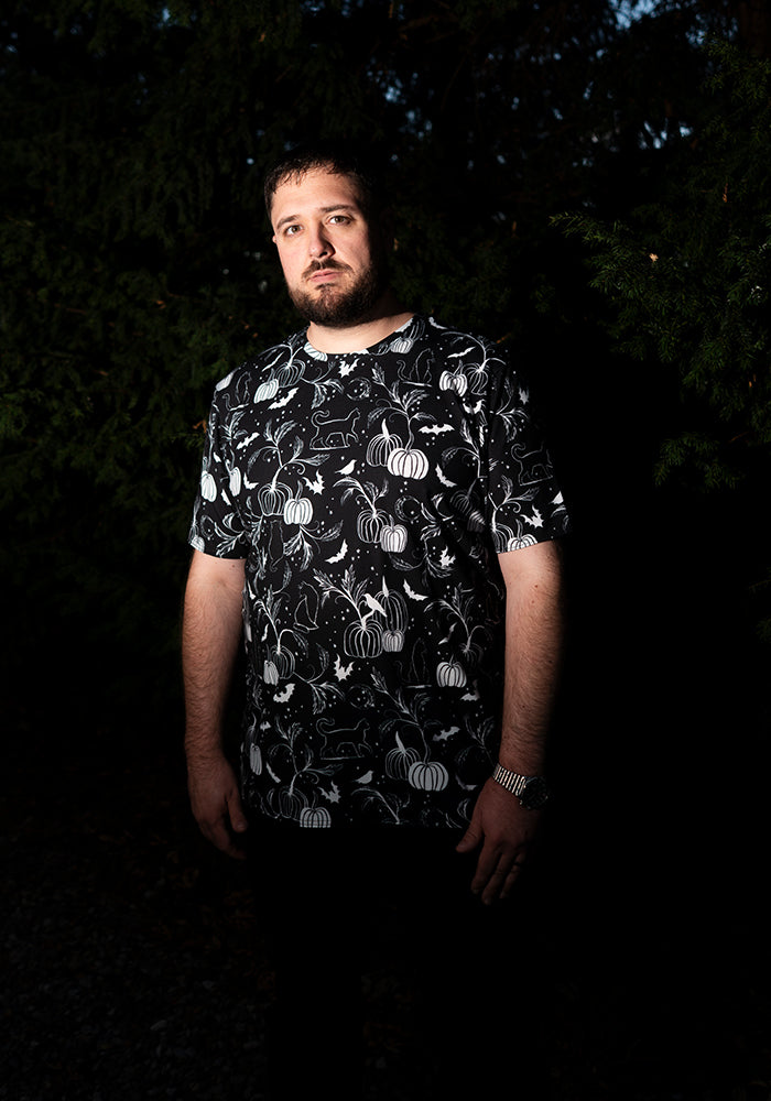 Mono Pumpkin &amp; Cat Print Adults T-Shirt