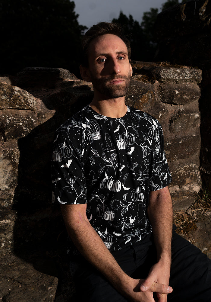 Mono Pumpkin &amp; Cat Print Adults T-Shirt