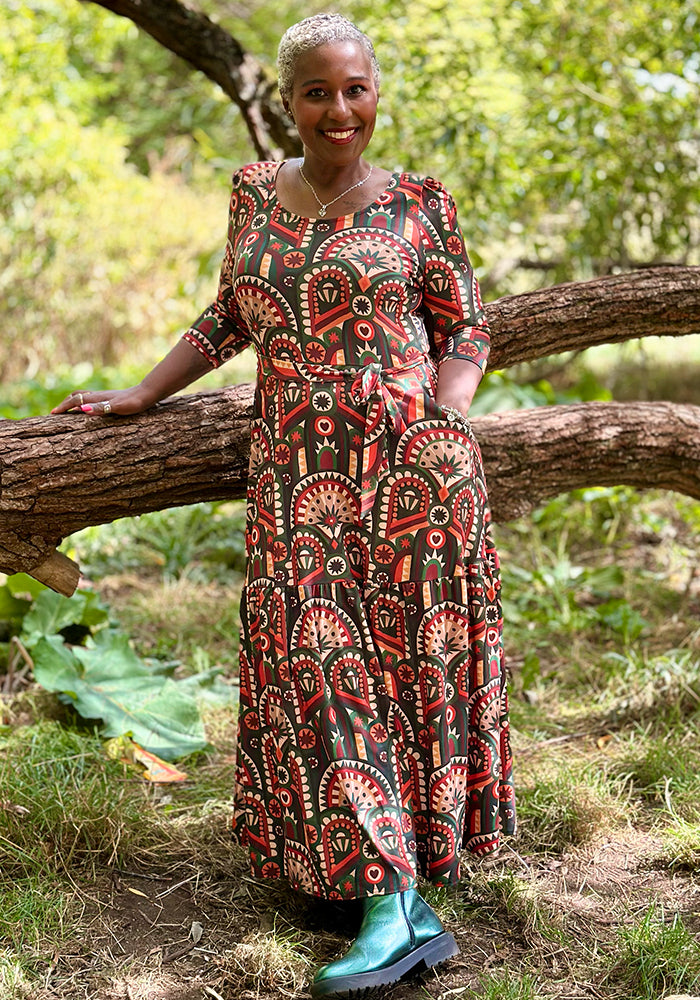 Maddox Hand Painted Deco Print Midaxi Dress