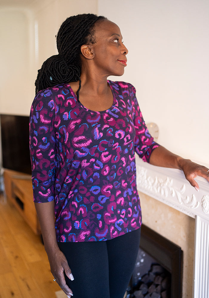 Second angle of Makena Purple Animal Print Round Neck Viscose Top