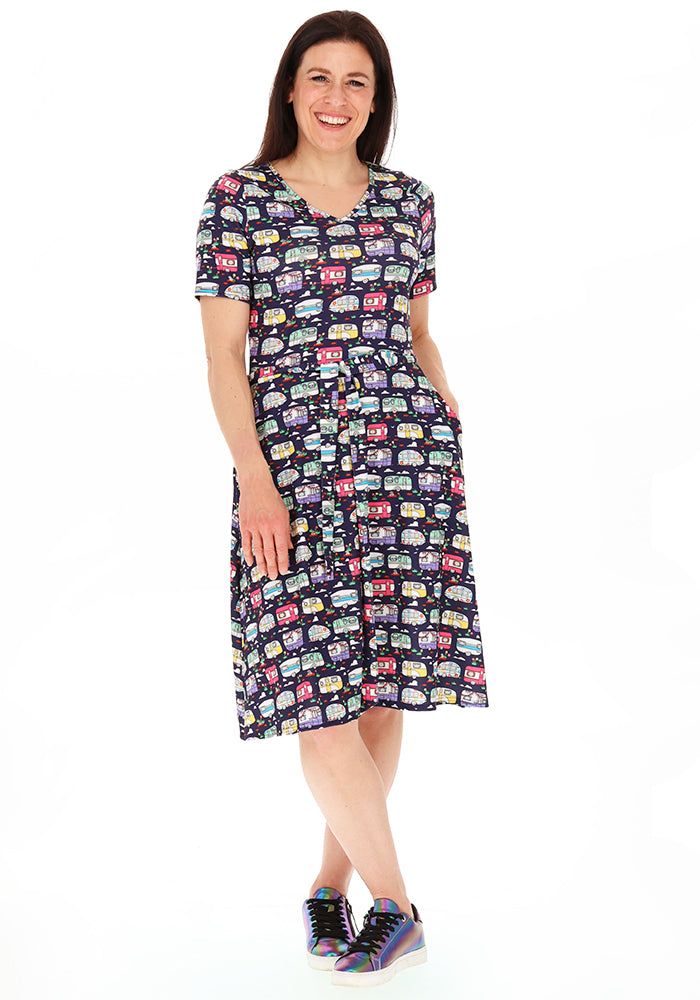 Front view of Maeveline Vintage Caravan Print Jersey Dress