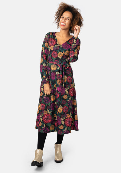Magdalena Dark Floral Print Midi Dress
