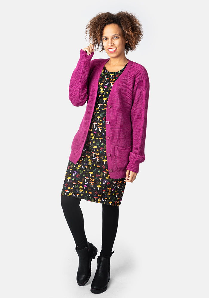 Magenta Long Line Cable Sleeve Cardigan