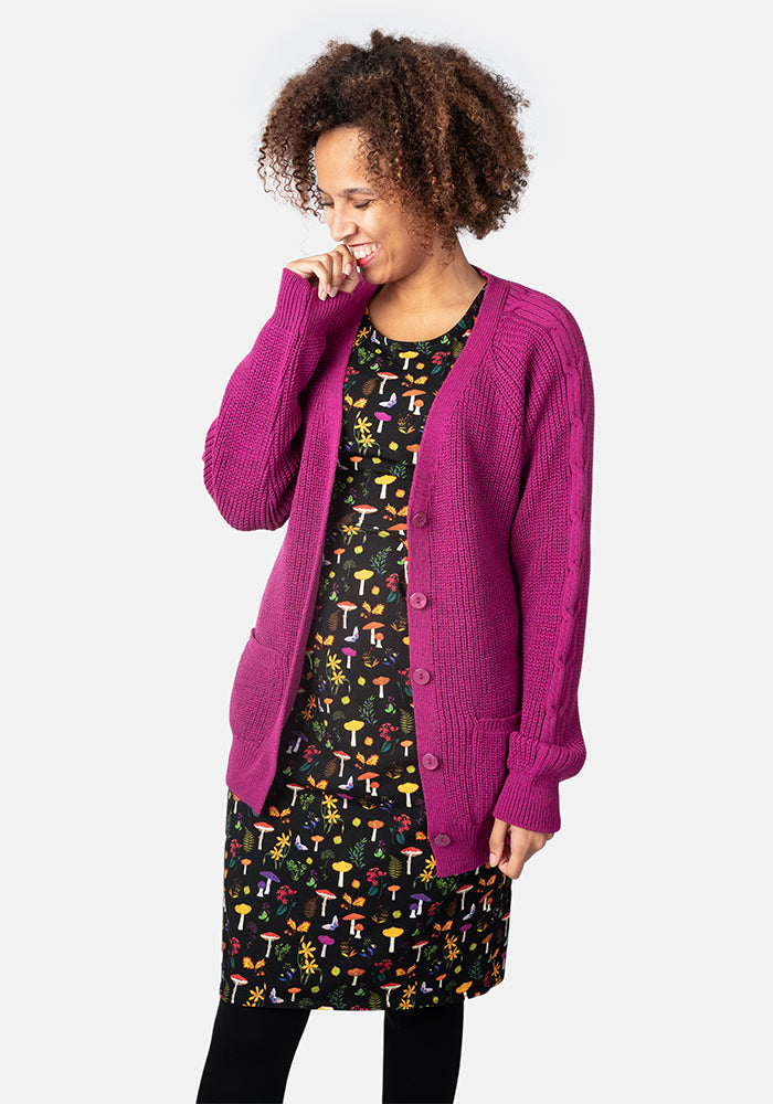 Magenta Long Line Cable Sleeve Cardigan