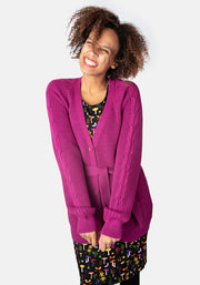 Magenta Long Line Cable Sleeve Cardigan