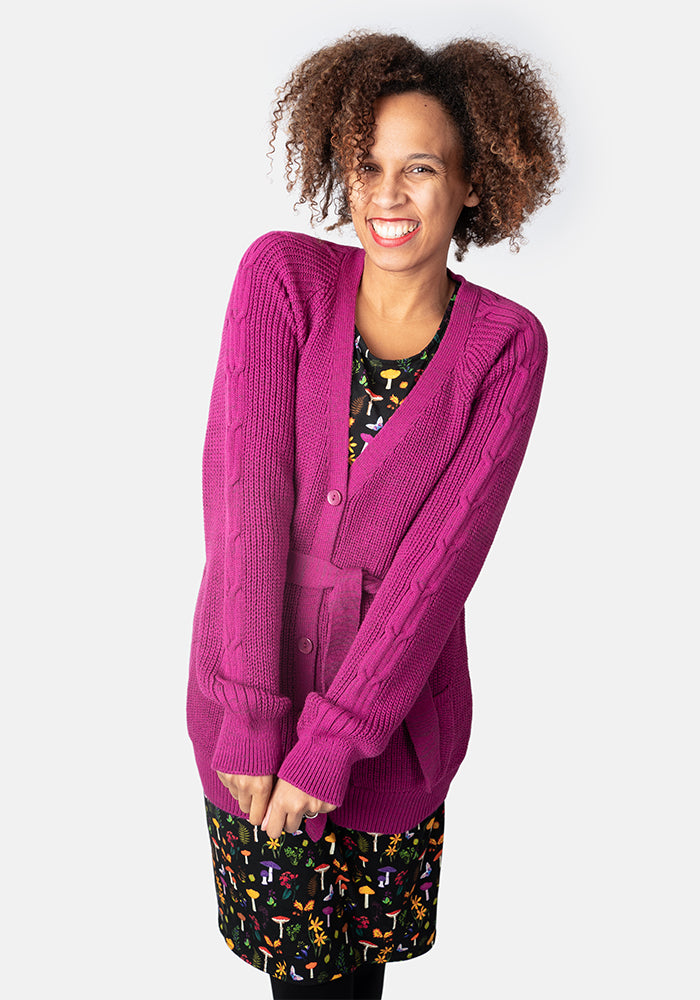 Magenta Long Line Cable Sleeve Cardigan