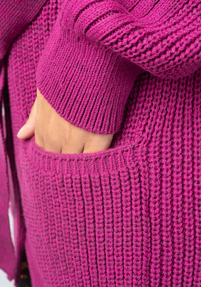 Magenta Long Line Cable Sleeve Cardigan