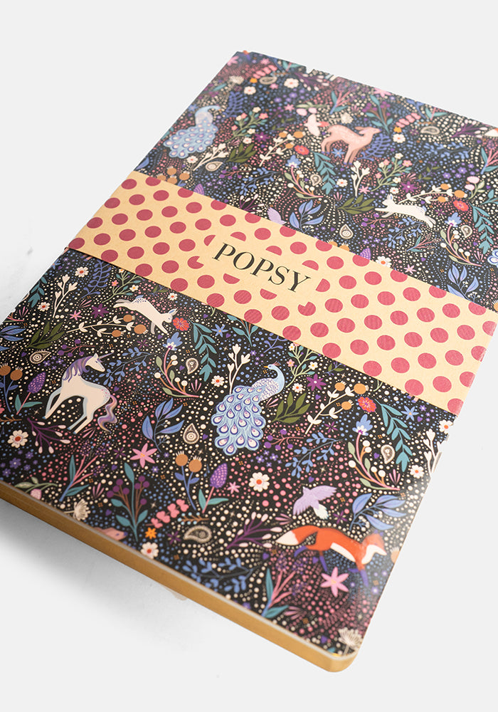 Second angle of Cute Magical Woodland Print Notebook - Colourful Quirky Journal Gift