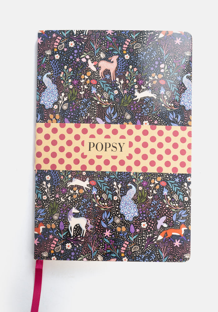 Front view of Cute Magical Woodland Print Notebook - Colourful Quirky Journal Gift