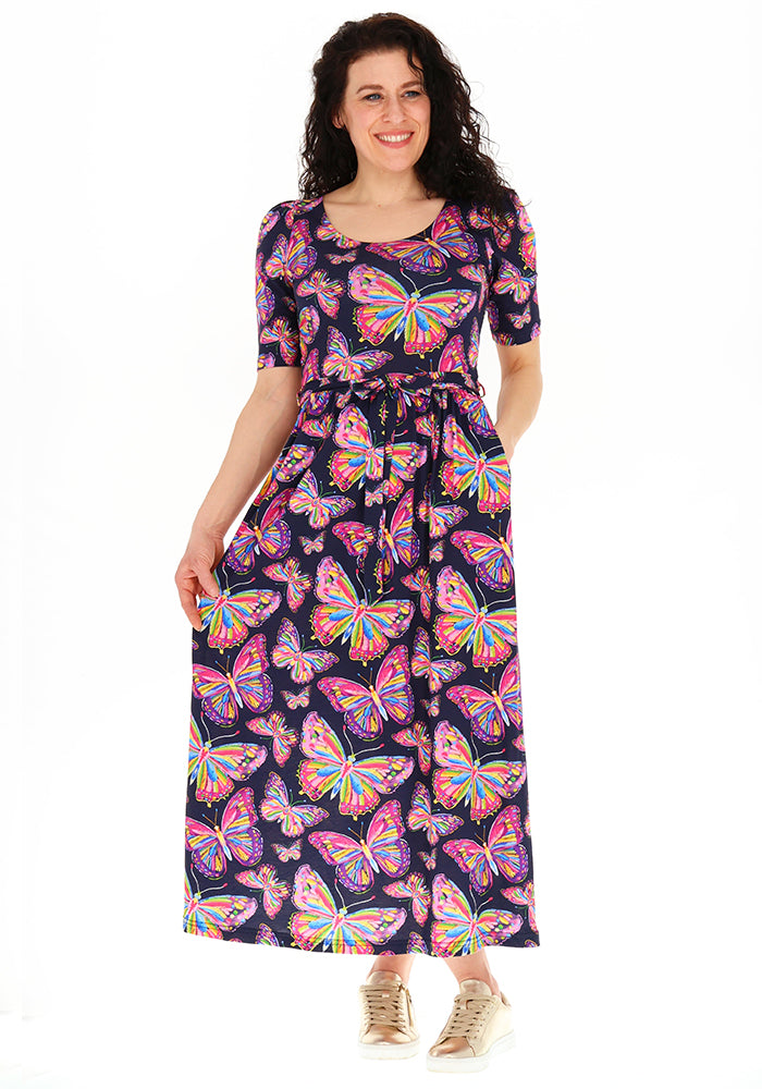 Third angle of Mahina Sketched Butterfly Print Cotton Modal Midaxi Dress