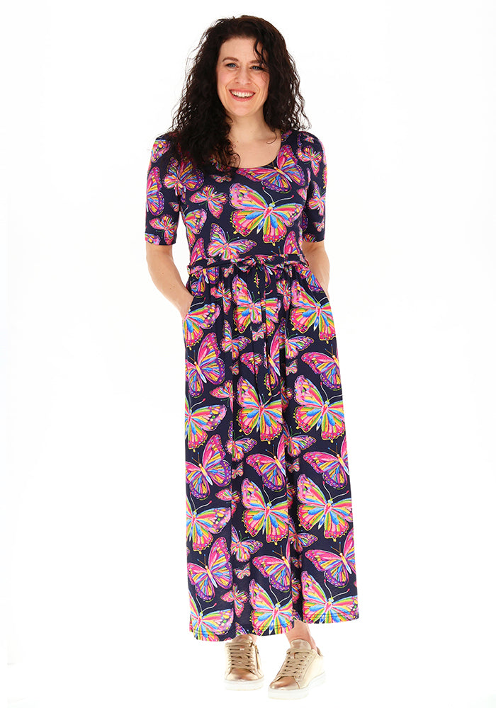 Seventh angle of Mahina Sketched Butterfly Print Cotton Modal Midaxi Dress