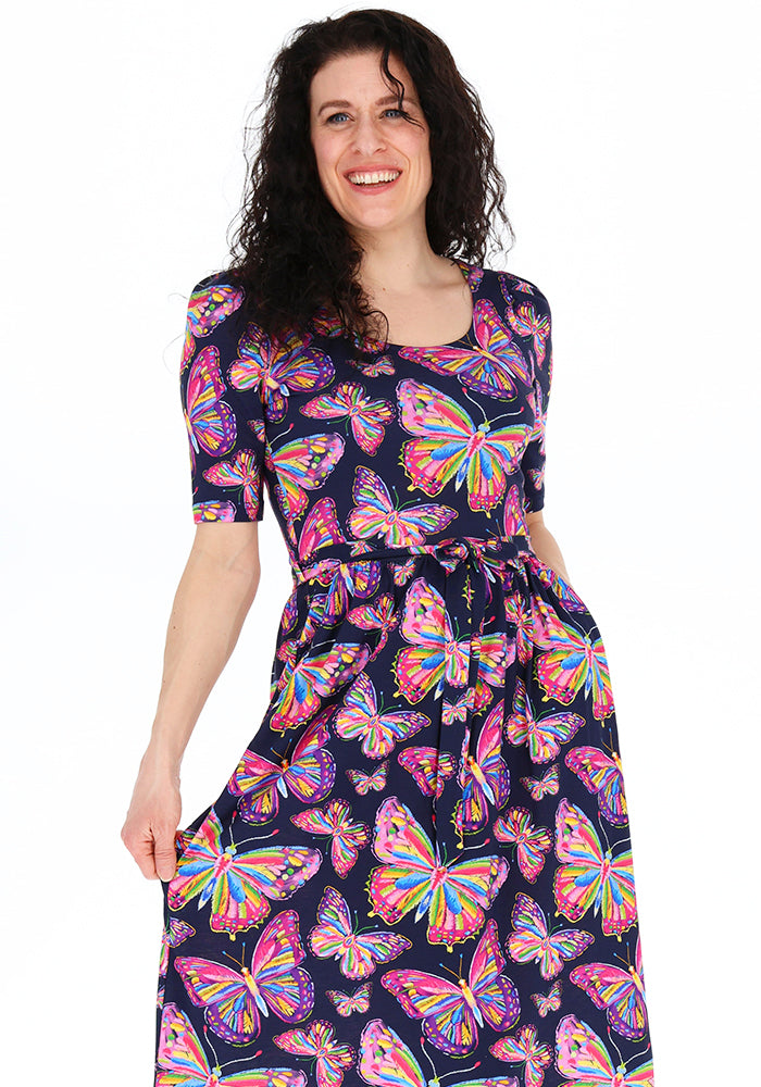 Eighth angle of Mahina Sketched Butterfly Print Cotton Modal Midaxi Dress
