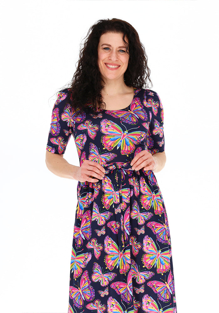 Sixth angle of Mahina Sketched Butterfly Print Cotton Modal Midaxi Dress