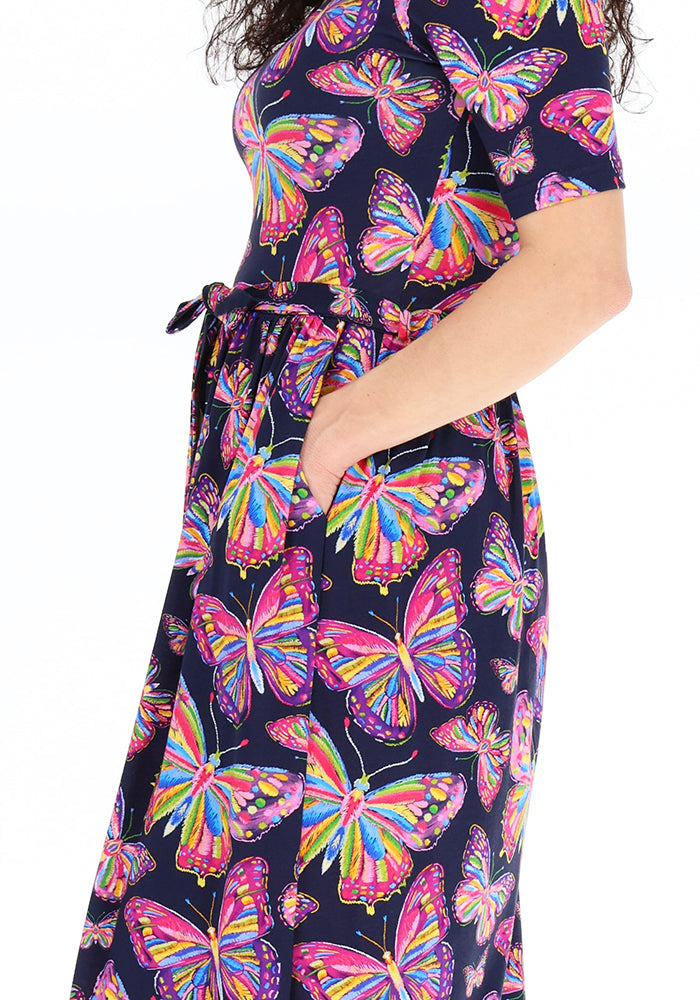Fourth angle of Mahina Sketched Butterfly Print Cotton Modal Midaxi Dress