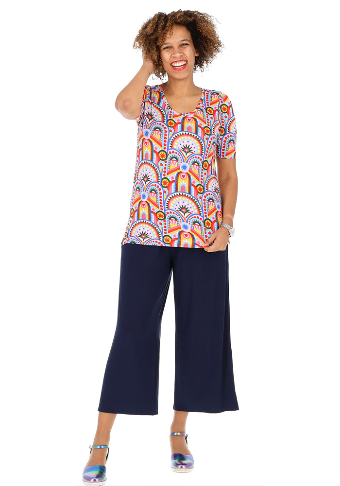 Second angle of Makena Hand Painted Deco Print Round Neck Viscose Top