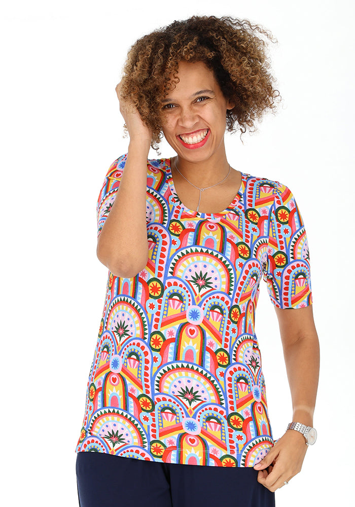 Front view of Makena Hand Painted Deco Print Round Neck Viscose Top