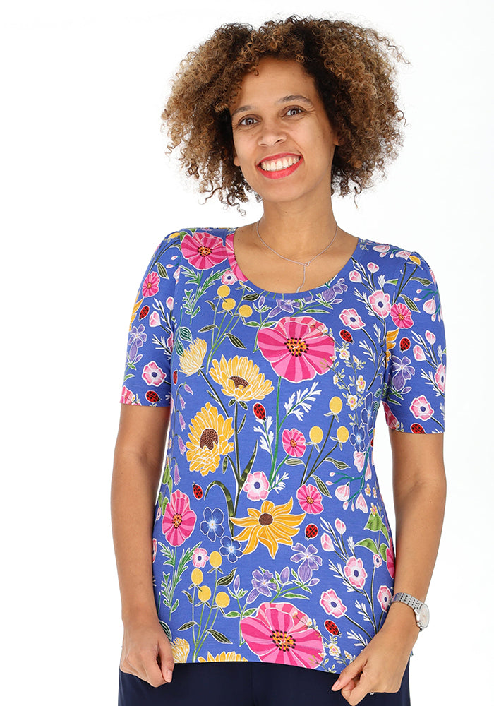 Third angle of Makena Ladybird Floral Summer Blue Print Viscose Top