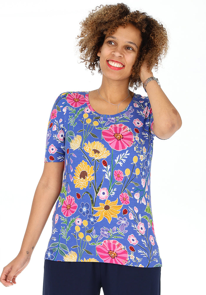 Front view of Makena Ladybird Floral Summer Blue Print Viscose Top