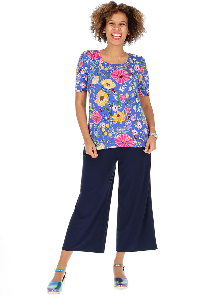 Second angle of Makena Ladybird Floral Summer Blue Print Viscose Top