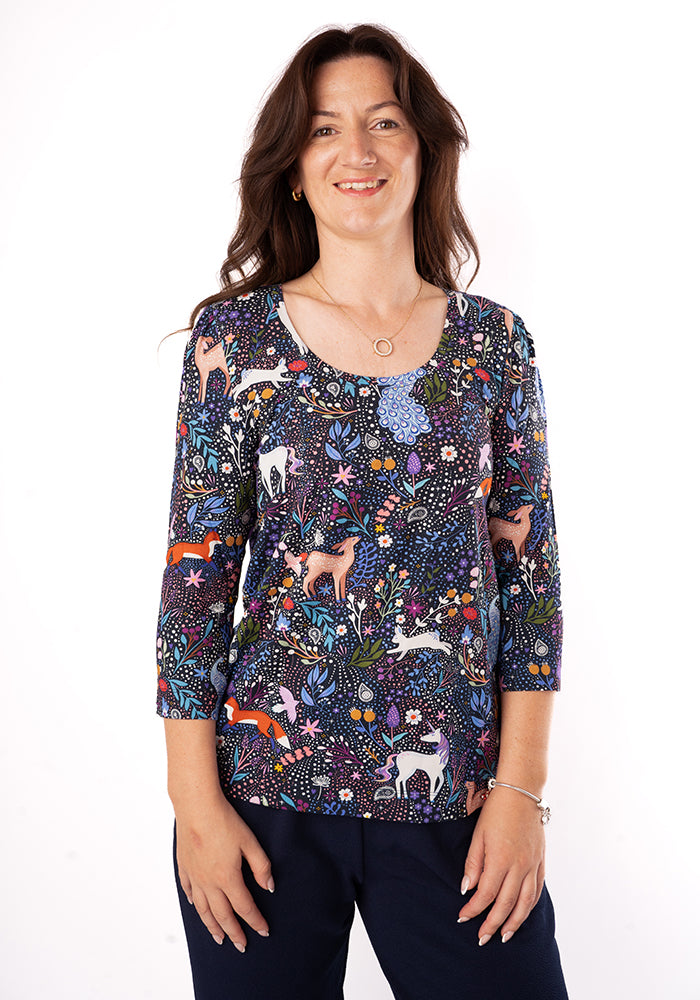 Front view of Makena Magical Woodland Print Round Neck Viscose Top