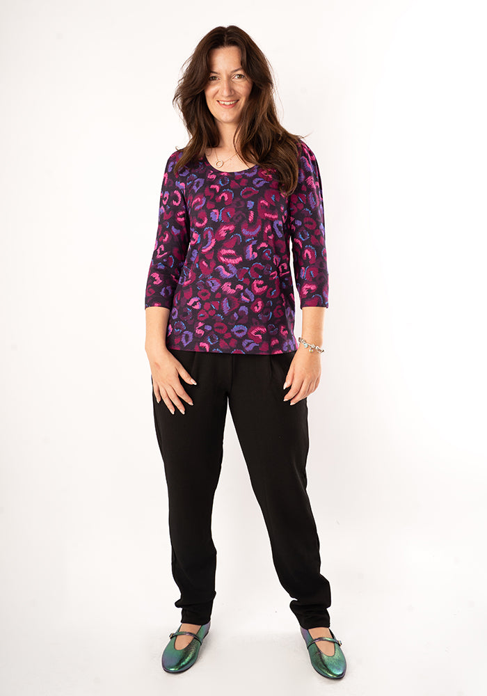 Third angle of Makena Purple Animal Print Round Neck Viscose Top