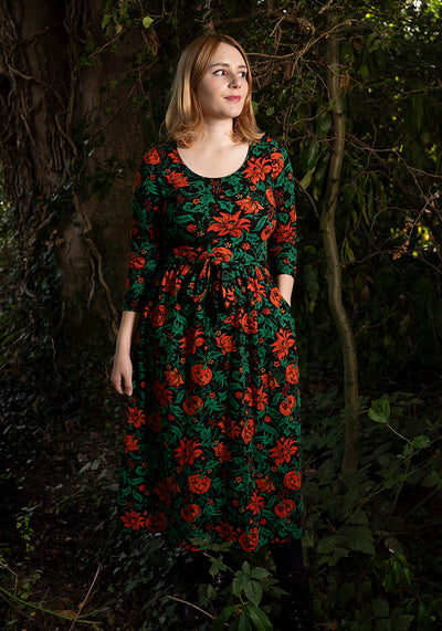 Mallory Vintage Pumpkins Print Cotton Midi Dress