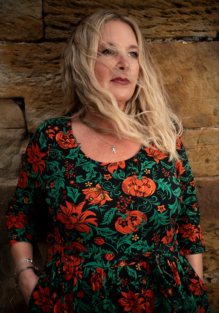 Mallory Vintage Pumpkins Print Cotton Midi Dress