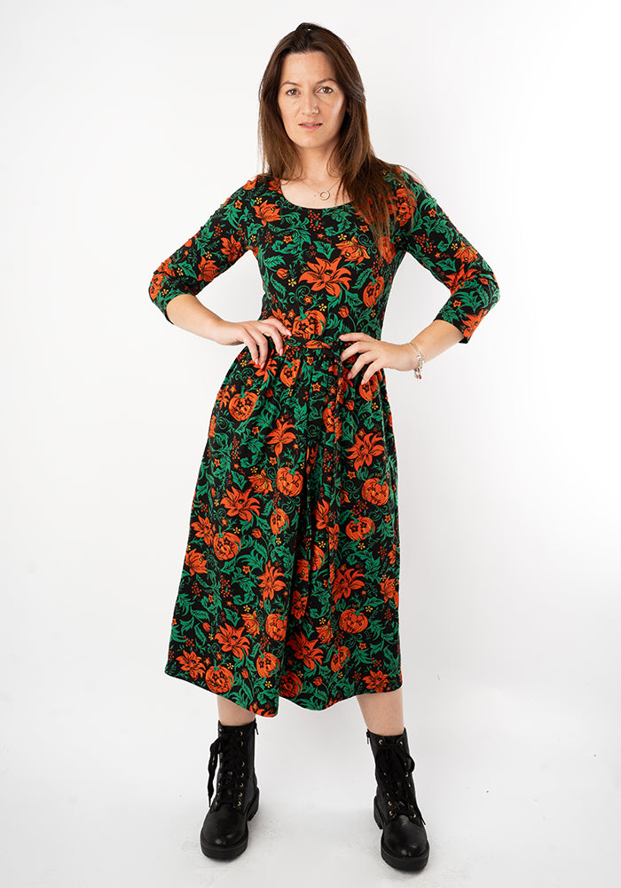 Mallory Vintage Pumpkins Print Cotton Midi Dress