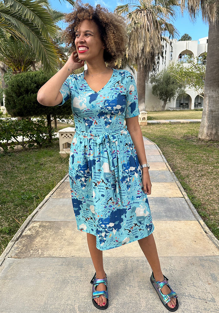Front view of Tallis World Map Print Dress