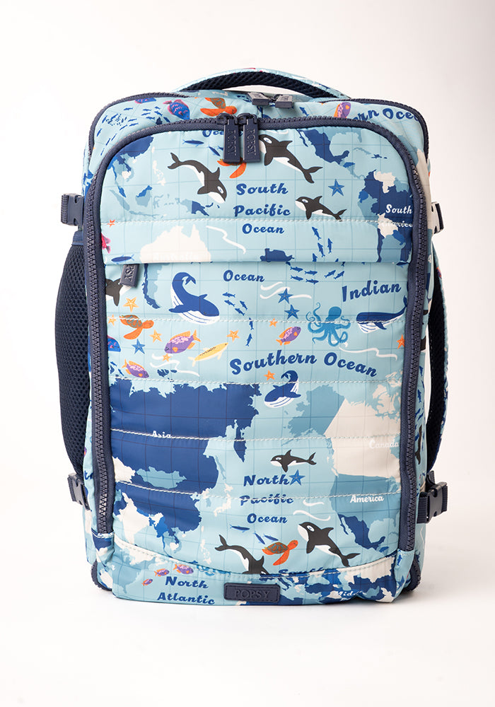 Front view of Map Print Cabin Bag, travel inspired Cabin Bag with map print.