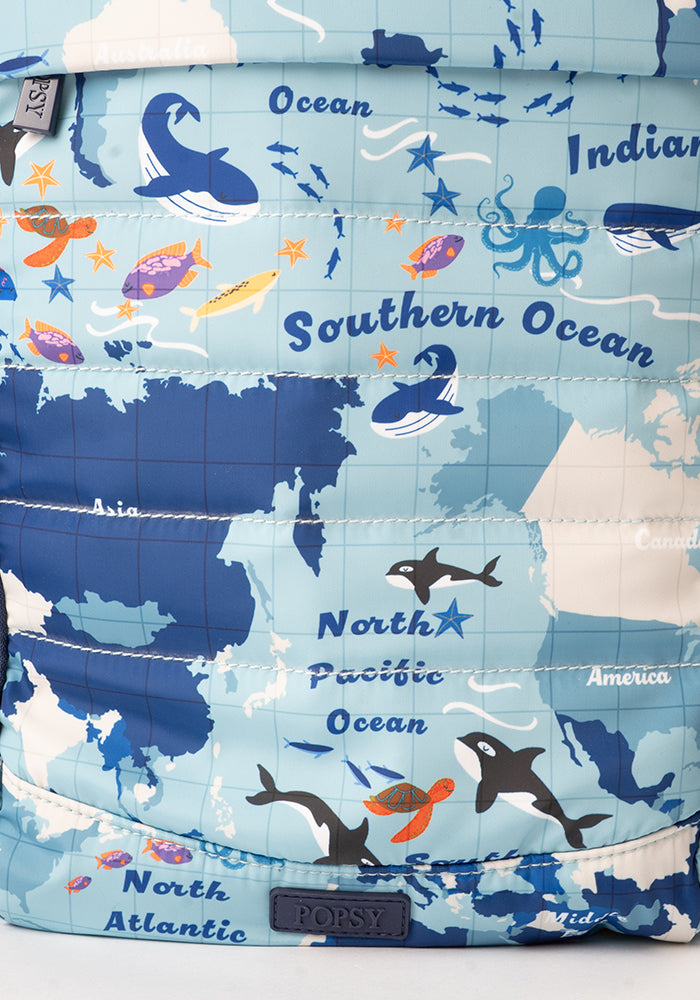 Second angle of Map Print Cabin Bag, travel inspired Cabin Bag with map print.