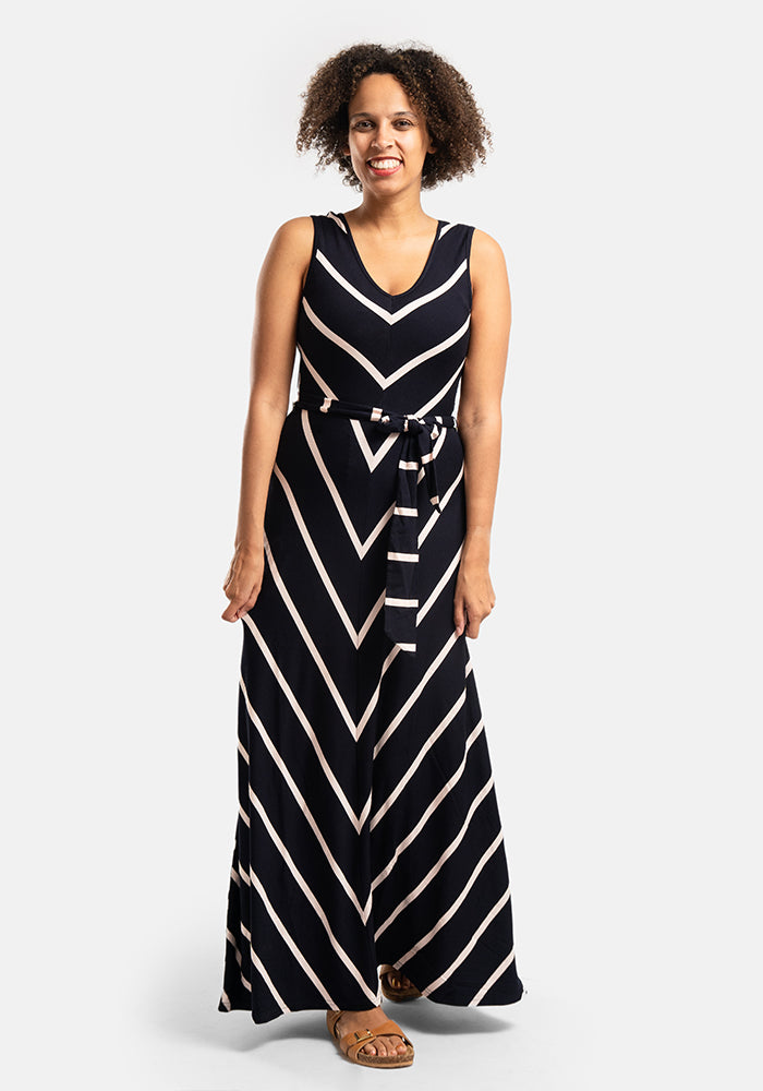 Maria Navy & Light Pink Chevron Maxi Dress