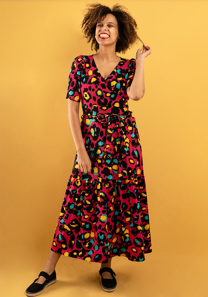 Front view of Mariah Pink Animal Print Cotton Midaxi Dress