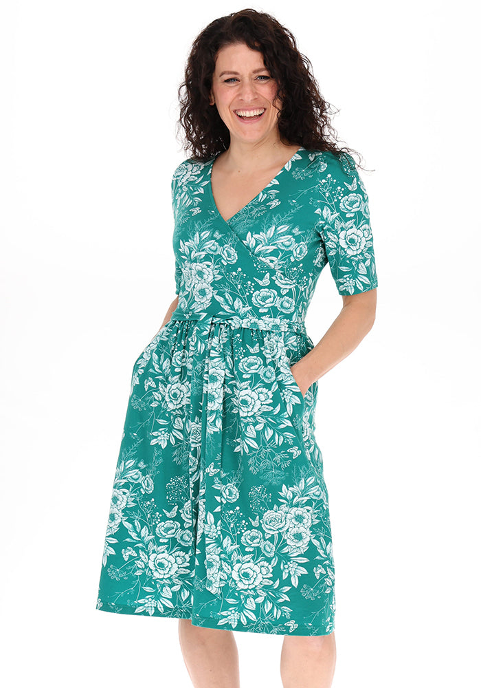 Marjolein Green &amp; White Sketched Botanical Print Cotton Dress