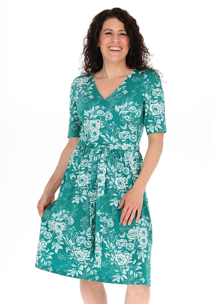 Marjolein Green &amp; White Sketched Botanical Print Cotton Dress