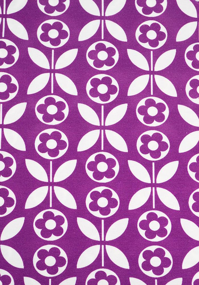 Second angle of Marlena Retro Flower Print Summer Cotton Midi Dress (Purple)