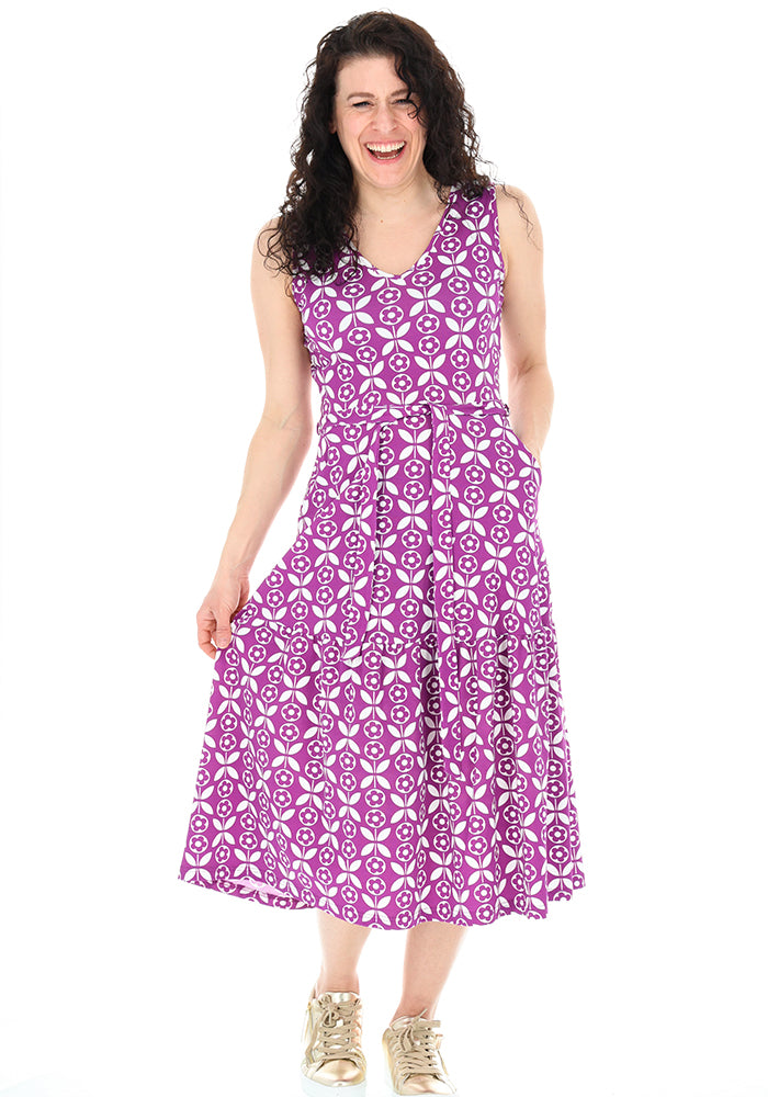 Third angle of Marlena Retro Flower Print Summer Cotton Midi Dress (Purple)
