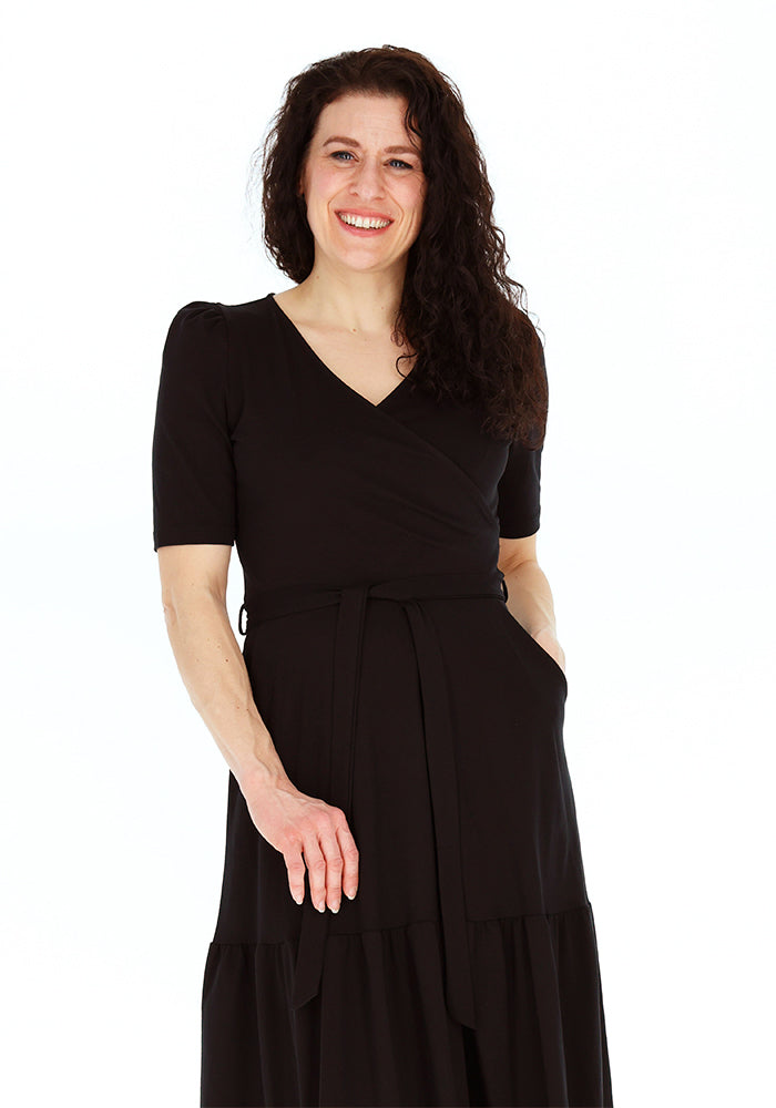 Third angle of Marlene Black Tiered Hem Cotton Midaxi Dress