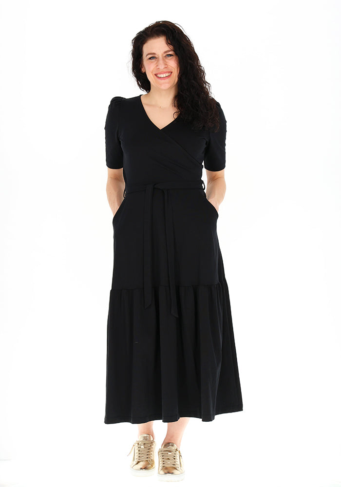 Front view of Marlene Black Tiered Hem Cotton Midaxi Dress