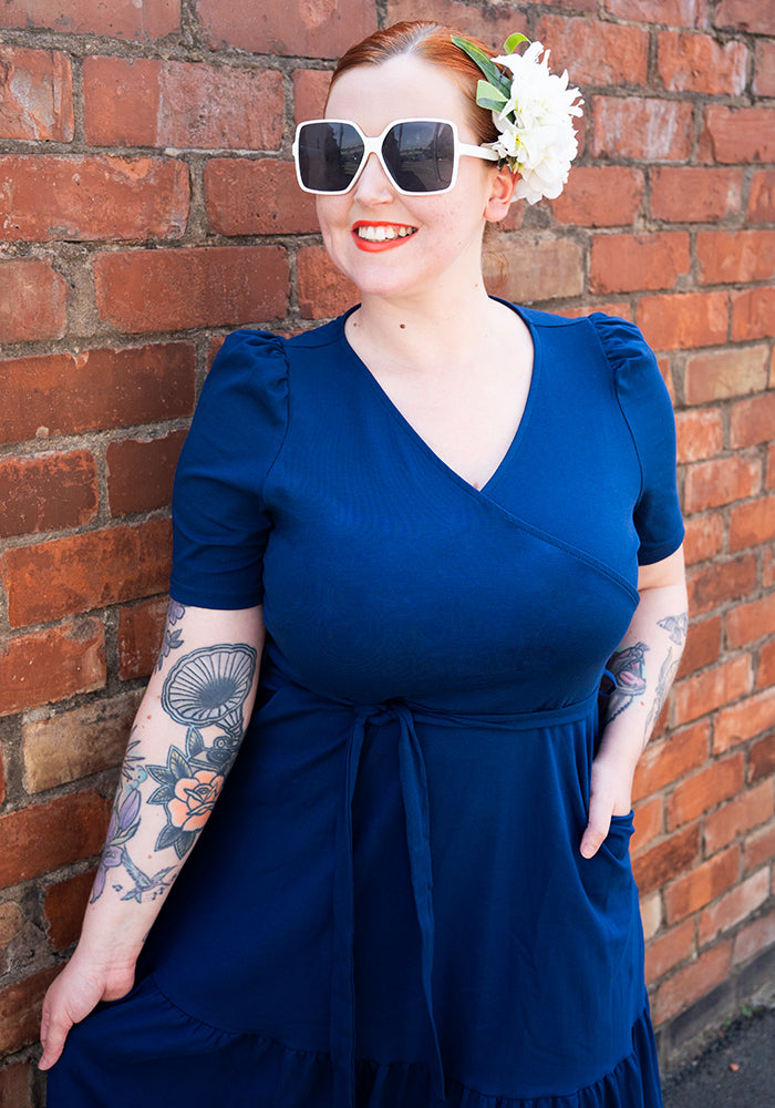 Marlene Navy Tiered Hem Cotton Midaxi Dress