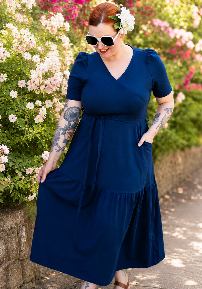 Marlene Navy Tiered Hem Cotton Midaxi Dress